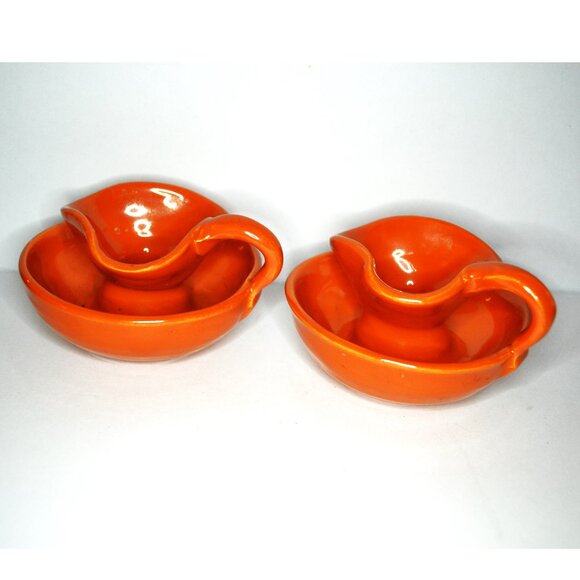 Pair of Vintage Candleholders Orange Flower Petal Top Home Decor - Picture 1 of 4